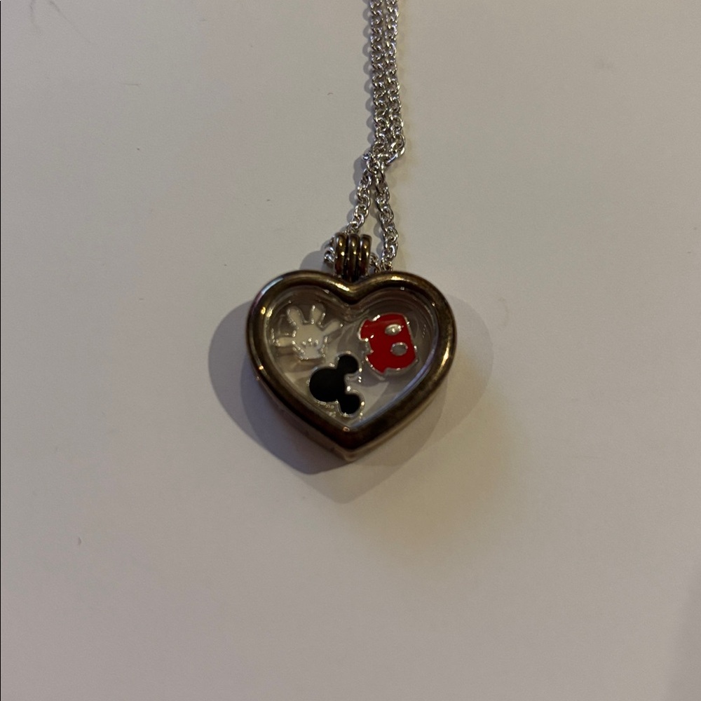 Pandora Heart Necklace with Silver Chain and Disney Mickey Mouse mini charms